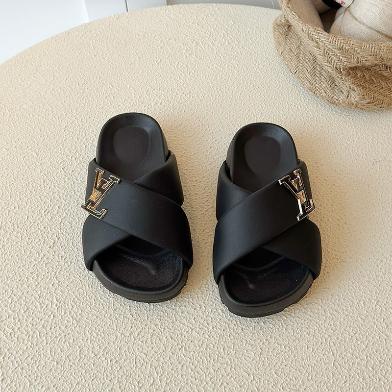 CROSS STRAP SLIDE | Designer Silver Hardware Sandals UAE