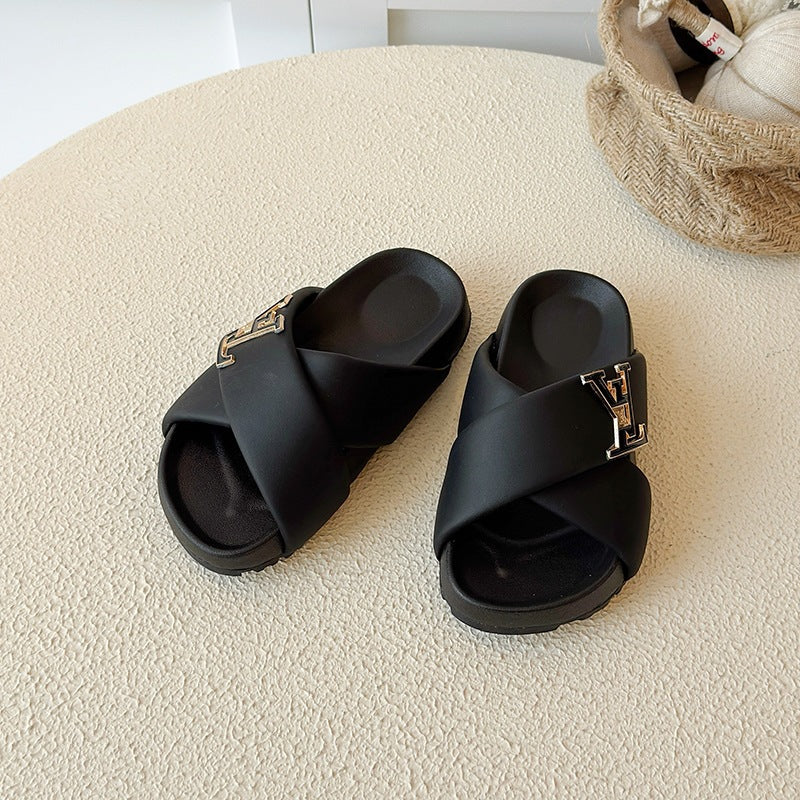 CROSS STRAP SLIDE | Designer Silver Hardware Sandals UAE