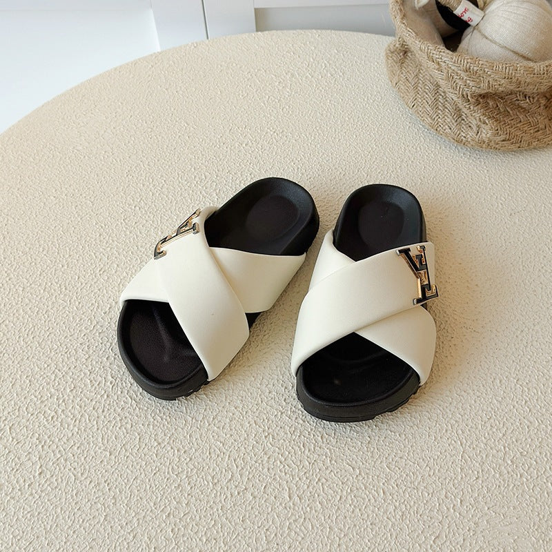 CROSS STRAP SLIDE | Designer Silver Hardware Sandals UAE