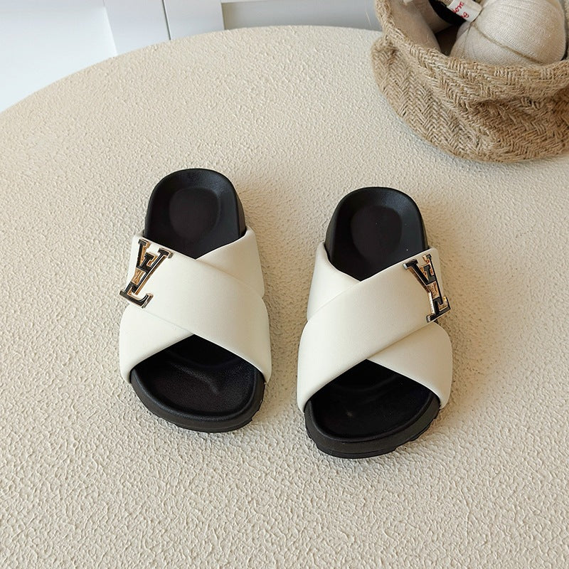 CROSS STRAP SLIDE | Designer Silver Hardware Sandals UAE