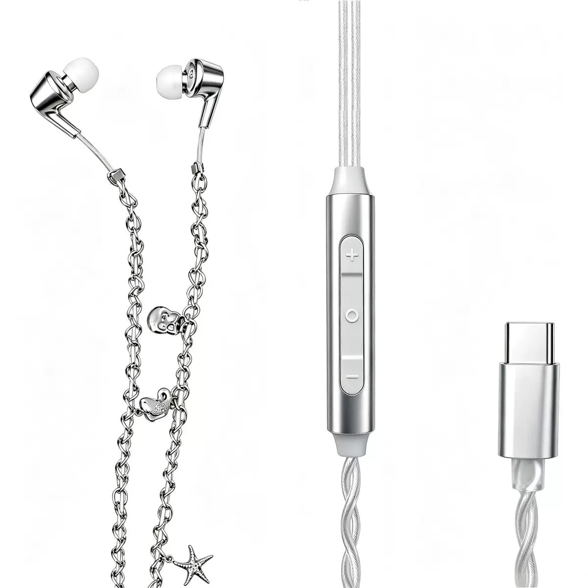 Diesel Wired Earbuds feature a distinct industrial style with silver-toned chains and charms attached to the cable.