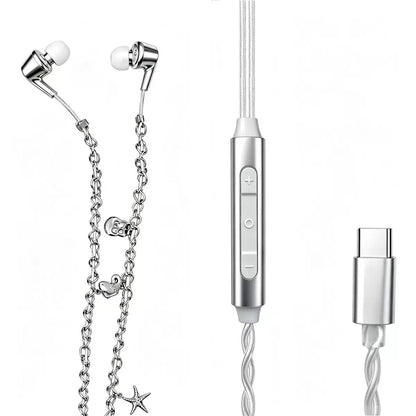 Diesel Wired Earbuds feature a distinct industrial style with silver-toned chains and charms attached to the cable.