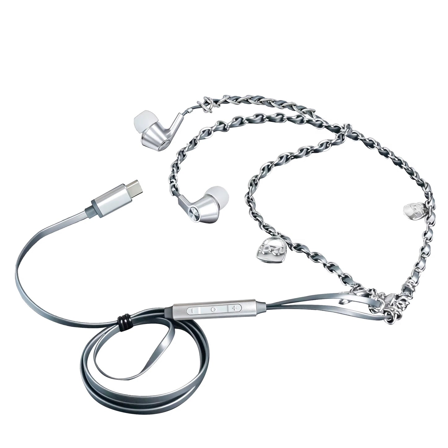 Diesel Wired Earbuds feature a distinct industrial style with silver-toned chains and charms attached to the cable.